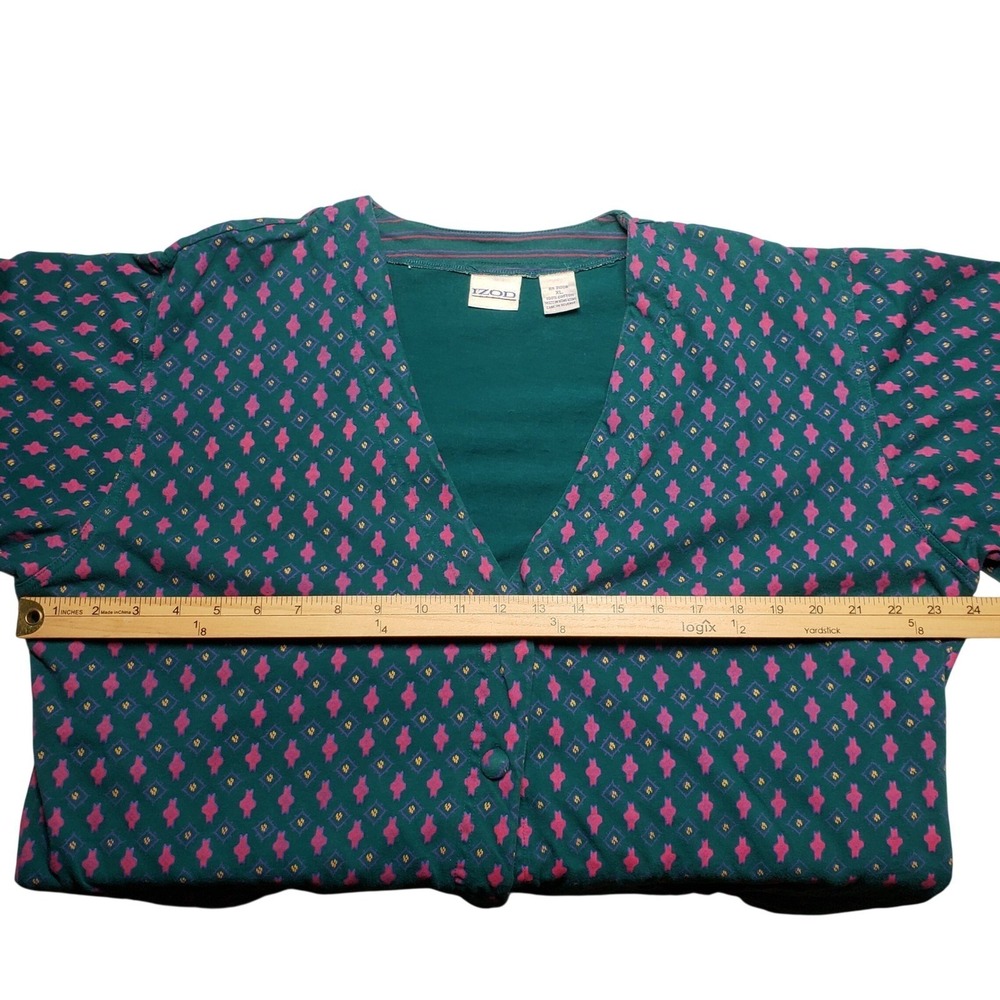 Vintage Izod 3pc Skirt Set XL Teal Pink Cardigan Henley Midi Skirt Stripe Modest - Picture 9 of 16